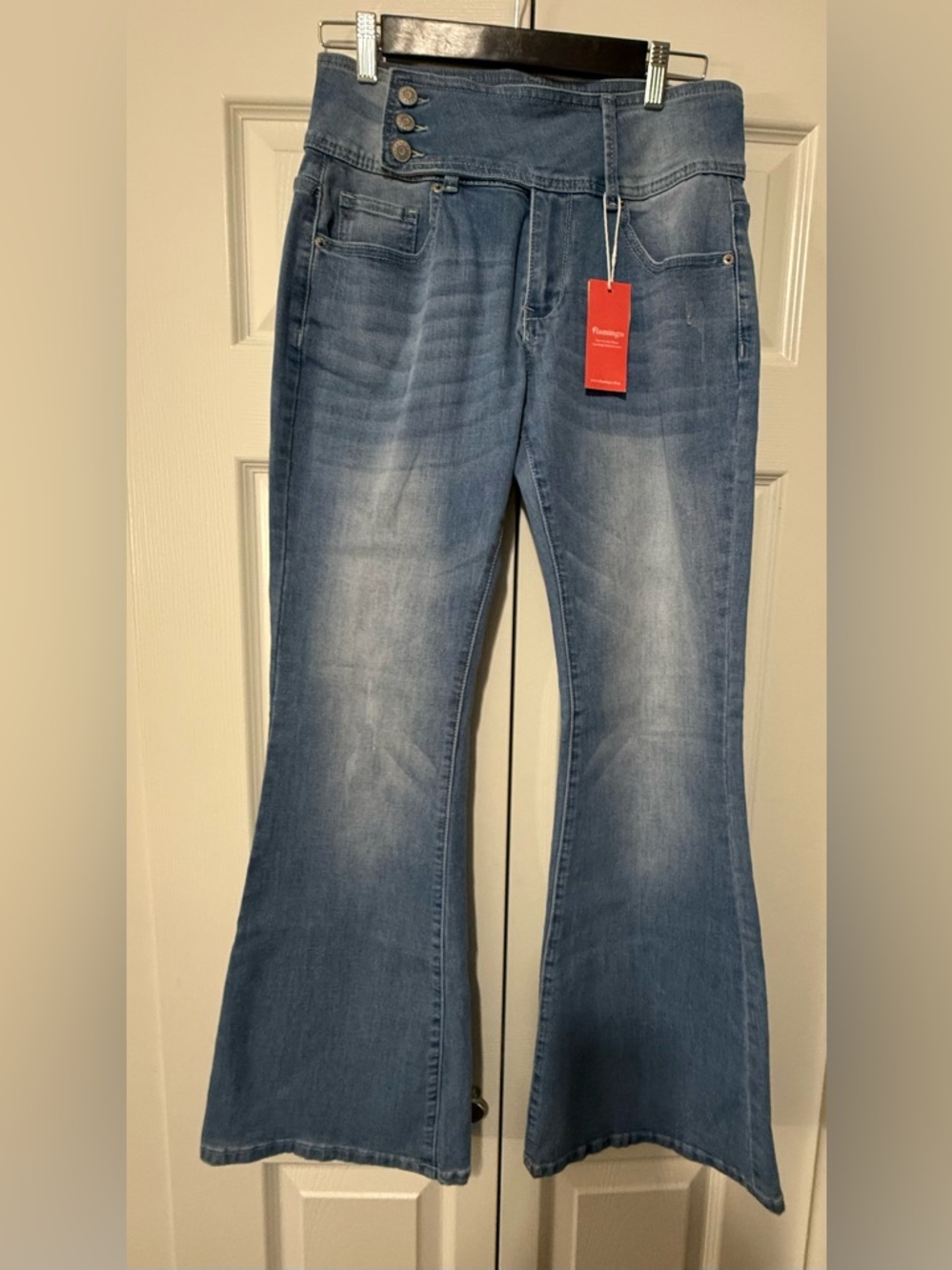 Flamingo NWT Flare Jeans Medium Blue High Rise Button Detail Stretch Denim M
